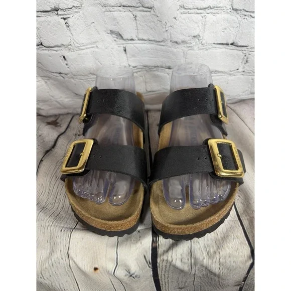 Birkenstock Arizona Big Gold Buckle Sandals Black Leather EU 40 W 9.5 EXCELLENT - Picture 4 of 9
